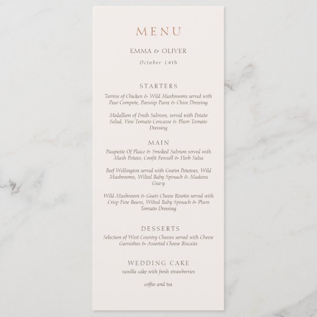 Elegant Ivory Copper Script Double Side Wedding  Menu (Front)