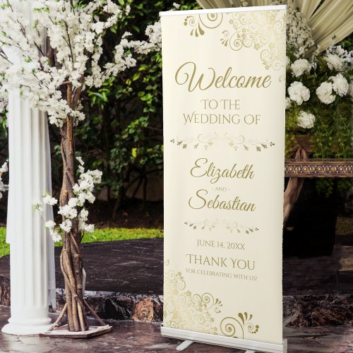Elegant Ivory Cream  Gold Lacy Wedding Welcome Retractable Banner