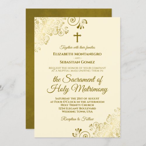 Elegant Ivory Cream  Gold Modern Catholic Wedding Invitation