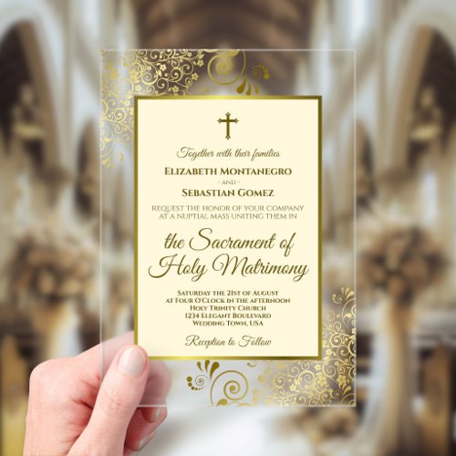 Elegant Ivory Cream & Gold Ornate Catholic Wedding Acrylic Invitations