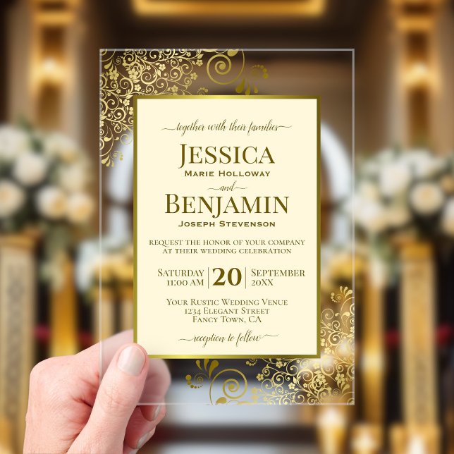Elegant Ivory Cream & Gold Stylish Text Wedding Acrylic Invitations (Clear Acrylic with Rectangle Cut)