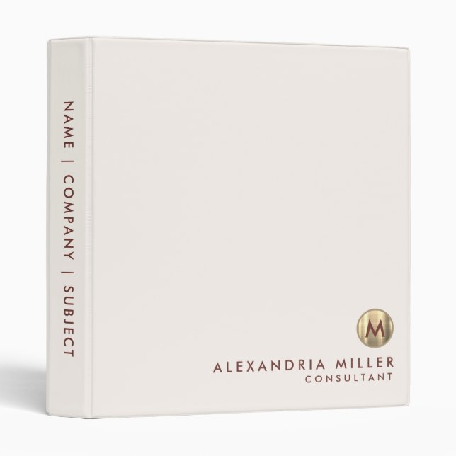Elegant Ivory Cream Modern Minimal Gold Monogram 3 Ring Binder (Front/Spine)