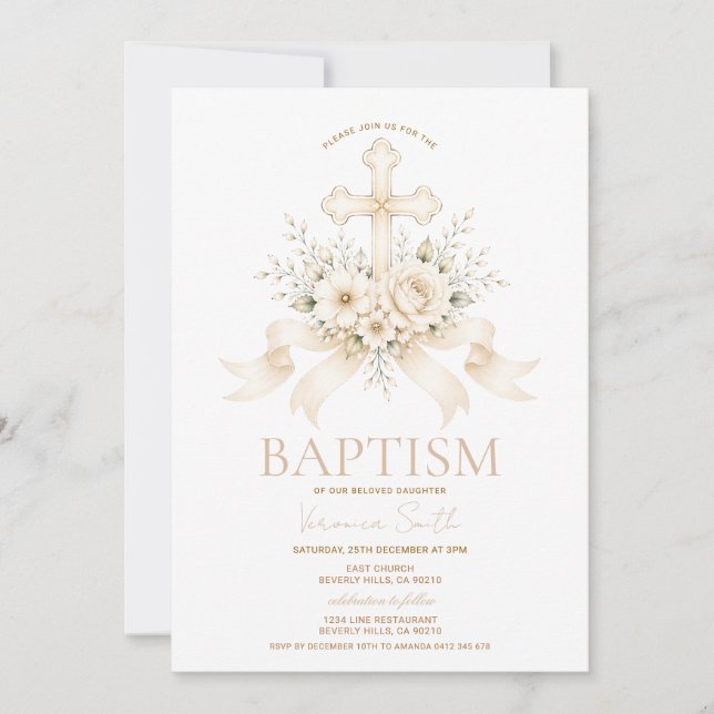 Elegant Ivory Cross Flowers Religious Invitation (Front)