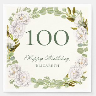 Elegant Ivory Floral 100th Birthday Napkins