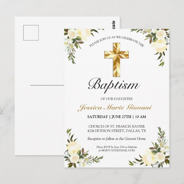 Elegant Ivory Floral Baby Baptism Postcard (Front/Back)