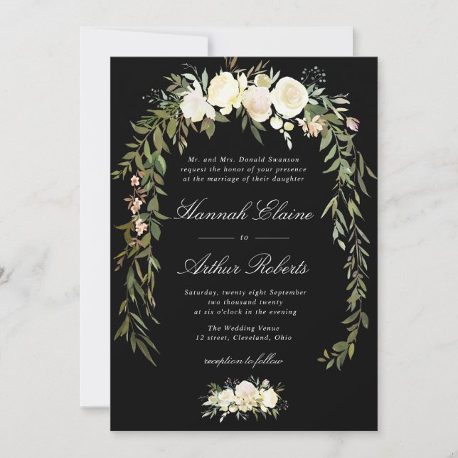 elegant ivory floral black wedding invitation (Front)
