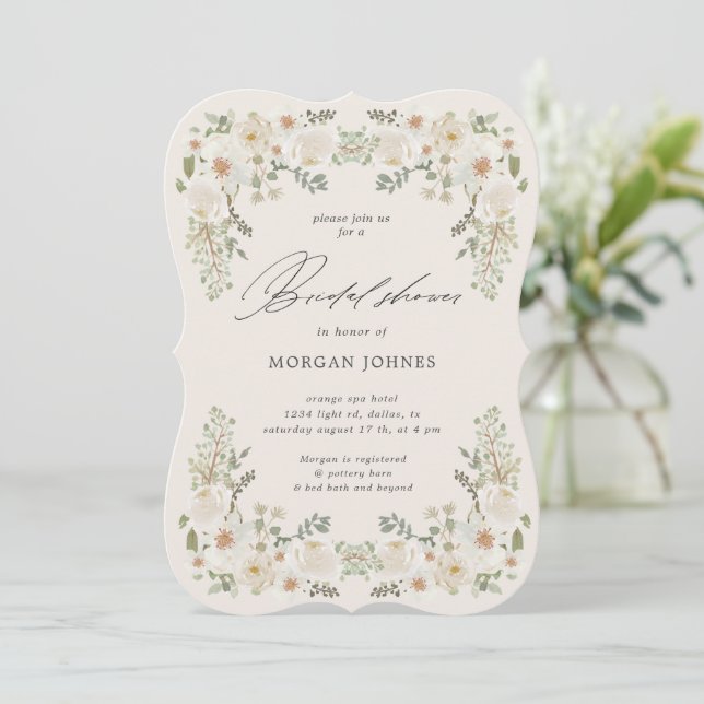 Elegant Ivory Floral Bridal Shower Invite (Standing Front)