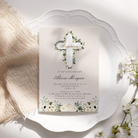 Elegant Ivory Floral Cross Baptism Invitation