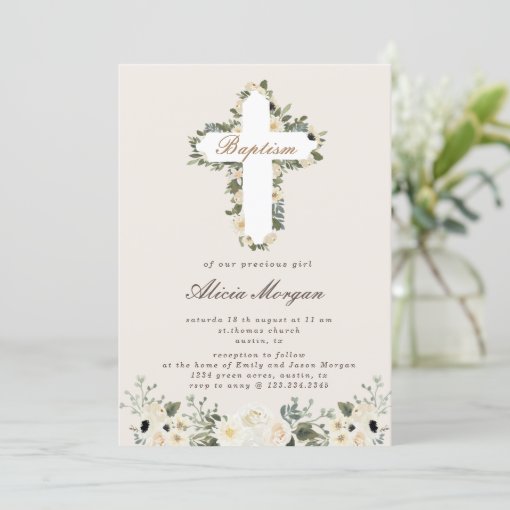 Elegant Ivory Floral Cross Baptism Invitation | Zazzle