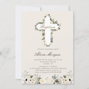 Elegant Ivory Floral Cross Baptism Invitation | Zazzle