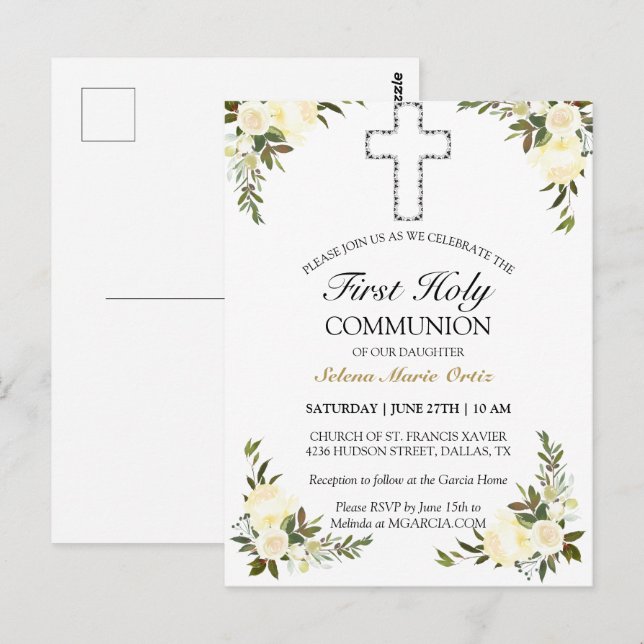 Elegant Ivory Floral First Holy Communion Postcard (Front/Back)