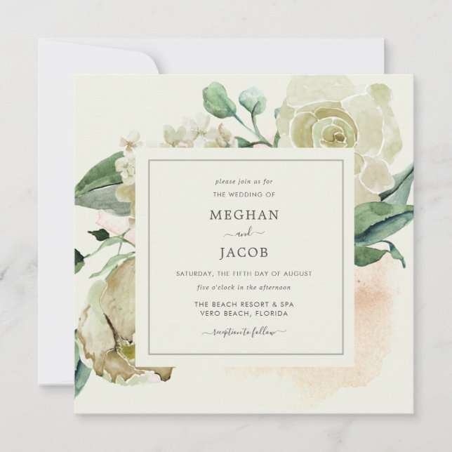 Elegant Ivory Floral Garden Wedding Invitation (Front)