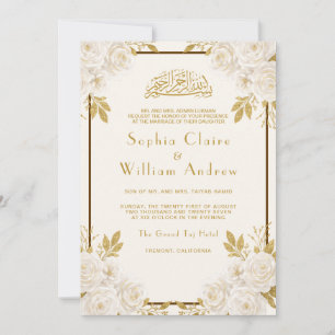 Elegant Ivory Floral Gold Glitter Islamic Wedding Invitation