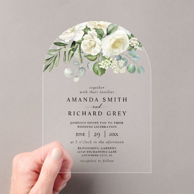 Elegant Ivory Floral & Greenery Eucalyptus Wedding Acrylic Invitations (Insitu (Handheld))