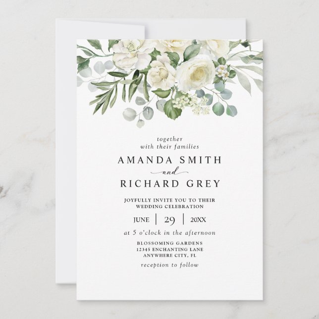 Elegant Ivory Floral & Greenery Eucalyptus Wedding Invitation (Front)
