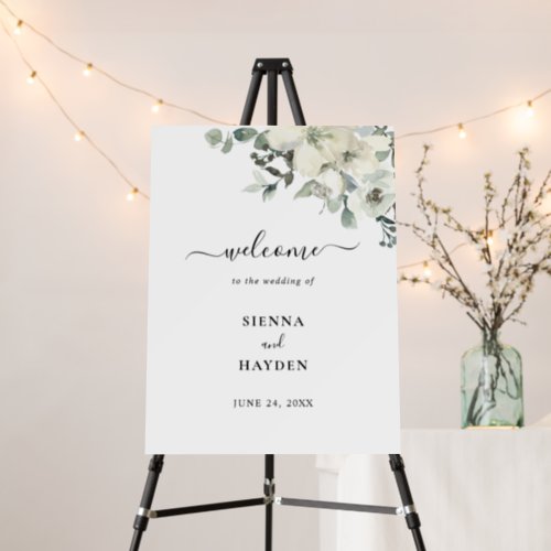 Elegant Ivory Floral Greenery Wedding Welcome Sign