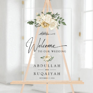 Elegant Ivory Floral Muslim Wedding Welcome Acrylic Sign