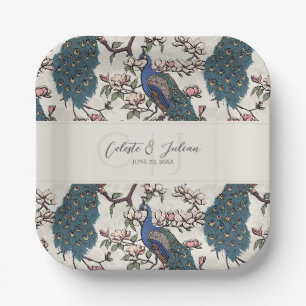 Elegant Ivory Floral Peacock Wedding Paper Plates