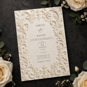 Elegant Ivory Floral Scrollwork Baroque Wedding Invitation