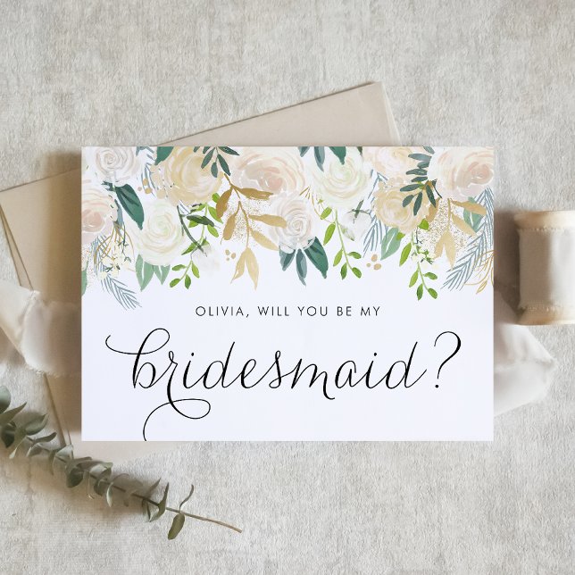 Elegant Ivory Flowers Will You Be My Bridesmaid Invitation (Floral Bridesmaid Proposal Card with Soft Ivory Flowers and Faux Gold Foil and Glitter Accents)