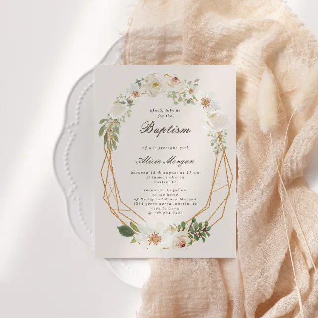 Elegant Ivory Garden Floral Baptism Invitation | Zazzle