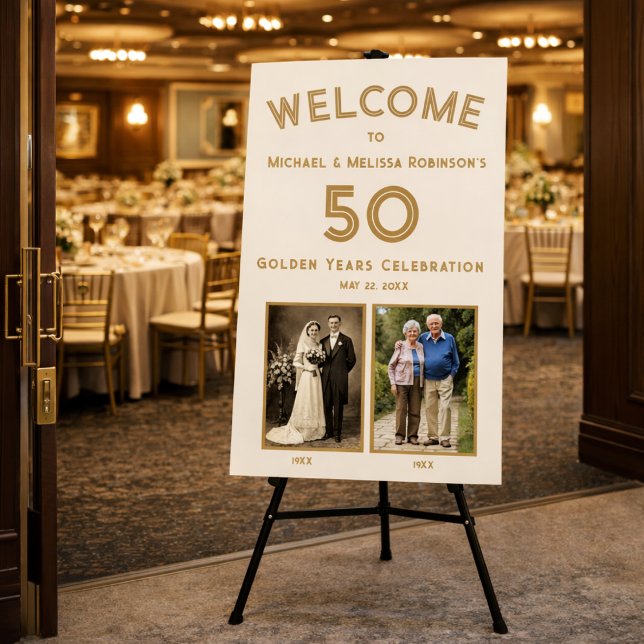 Elegant Ivory Gold 50th Anniversary Welcome Decor Foam Board (Golden wedding anniversary welcome sign styled at an upscale venue doorway)