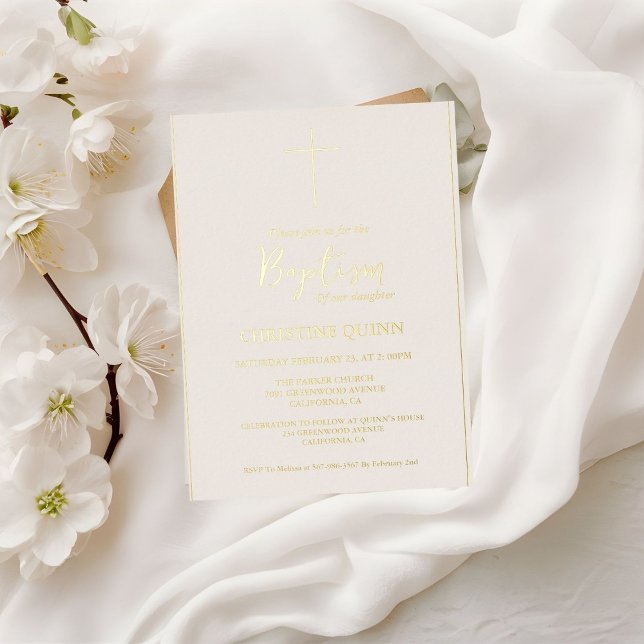 Elegant Ivory & Gold Baptism & Christening  Foil Invitation (Creator Uploaded)