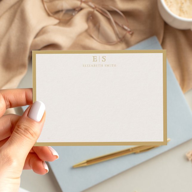Elegant Ivory Gold Border Monogram Note Card (Creator Uploaded)