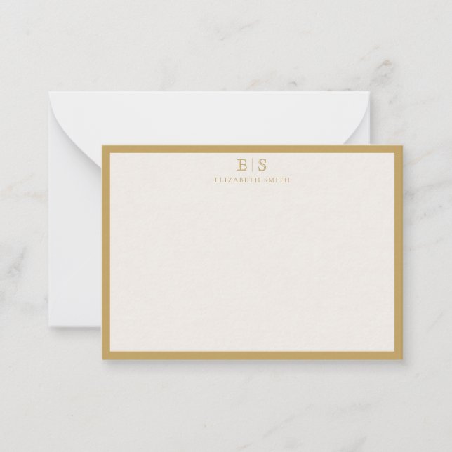 Elegant Ivory Gold Border Monogram Note Card (Front)
