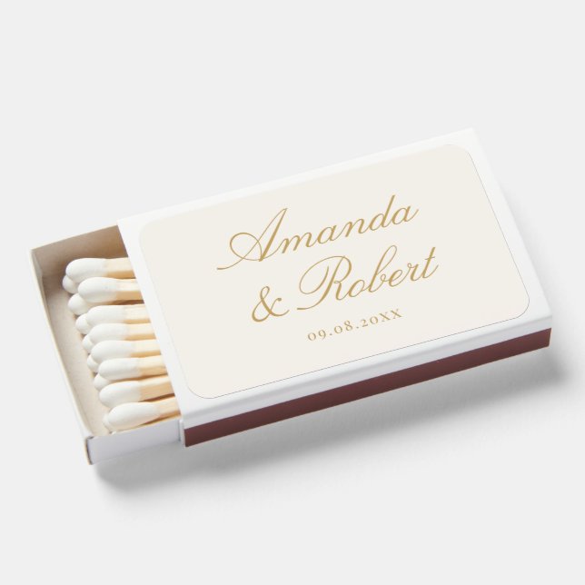 Elegant Ivory Gold Calligraphy Monogram Wedding Matchboxes (Front Open)