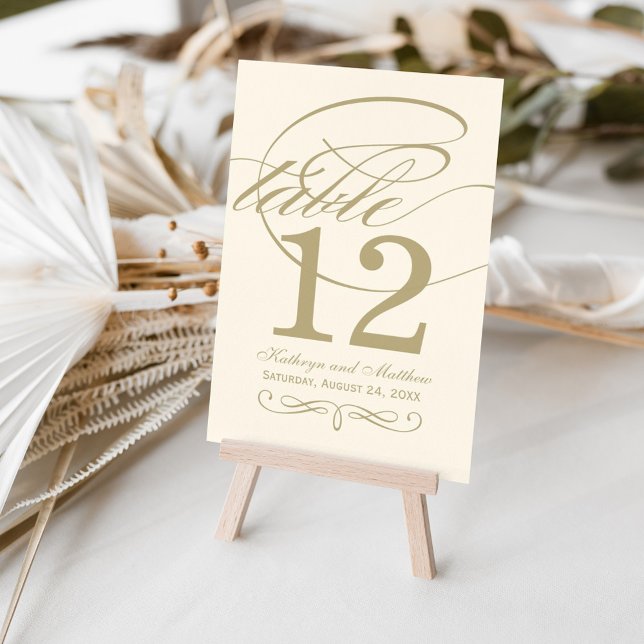 Elegant Ivory Gold Calligraphy Monogram Wedding Table Number (Creator Uploaded)