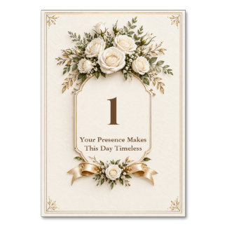 Elegant Ivory Gold Floral Wedding Table Number
