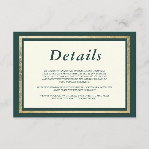 Elegant ivory gold forest green glam Details Enclo Enclosure Card
