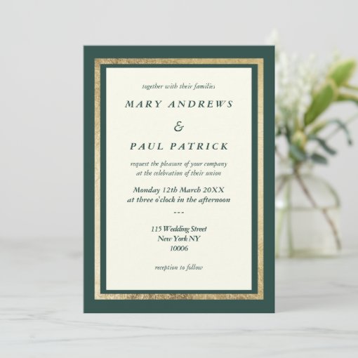 Elegant ivory gold forest green glam Wedding Invitation | Zazzle