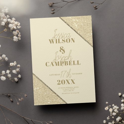Elegant ivory gold glitter typography wedding invitation