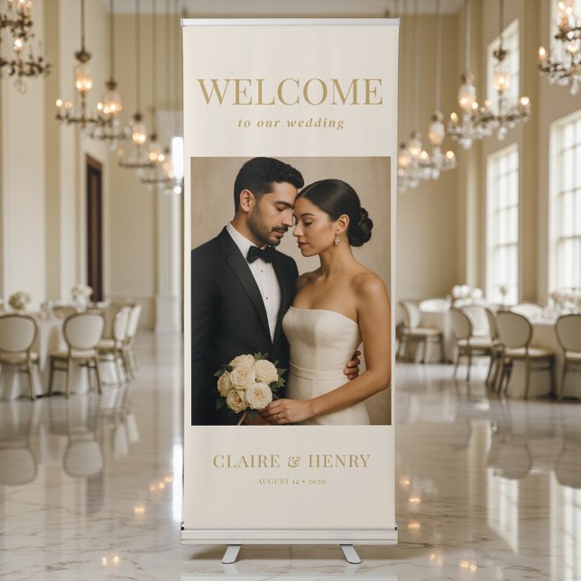 Elegant Ivory & Gold Photo Wedding Welcome  Retractable Banner (Creator Uploaded)