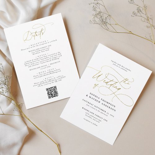 Elegant Ivory Gold QR Code All in one Wedding Invitation