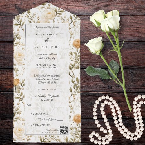 Elegant Ivory  Gold Roses QR Code  All In One Invitation