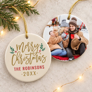 Elegant Ivory Gold Script Merry Christmas Photo Ceramic Ornament