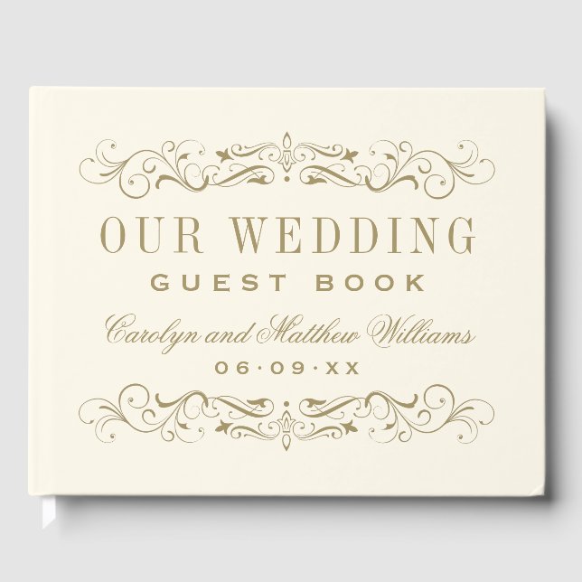 Elegant Ivory Gold Scrollwork Wedding Monogram Guest Book (Front)