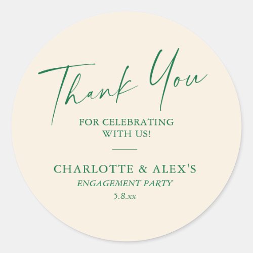 Elegant Ivory Green Calligraphy Engagement Party  Classic Round Sticker