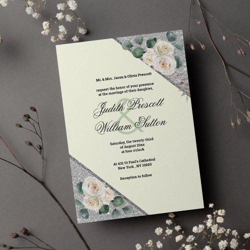 Elegant ivory green silver glitter floral wedding invitation