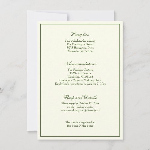 Elegant Ivory Green Wedding Reception Invitation