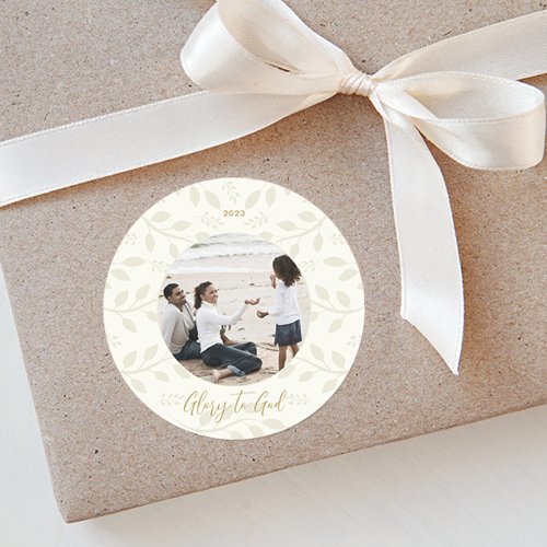 Elegant Ivory Leaves Glory to God Christmas Photo Classic Round Sticker