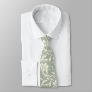 Elegant Ivory Lily on Sage Green Floral Pattern Neck Tie