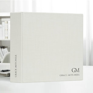 Elegant Ivory Linen Texture Minimalist Initials 3 Ring Binder