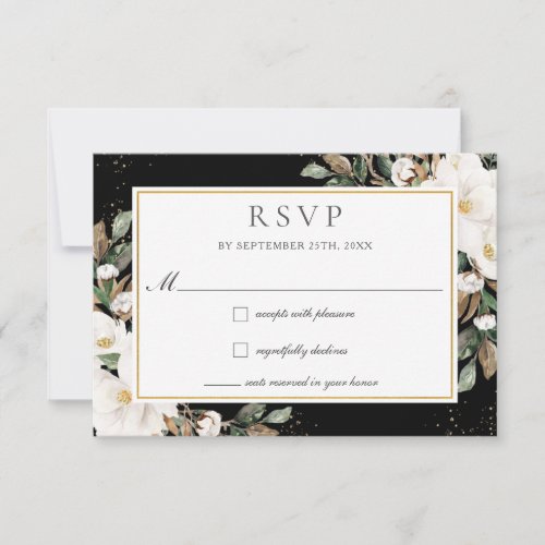 Elegant Ivory Magnolia Cotton Floral Wedding RSVP Card