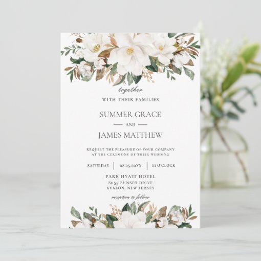 Elegant Ivory Magnolia Floral Greenery Wedding Invitation | Zazzle