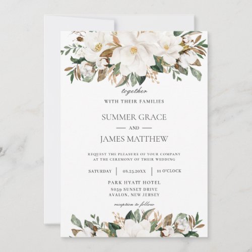 Elegant Ivory Magnolia Floral Greenery Wedding Invitation