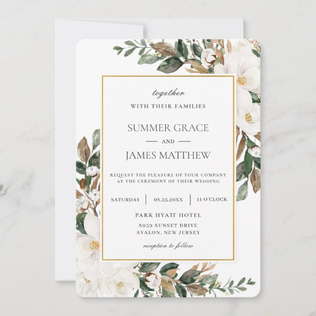 Elegant Ivory Magnolia Floral Greenery Wedding  Invitation (Front)